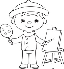 Happy young painter with canvas illustration for kids creative art and learning projects