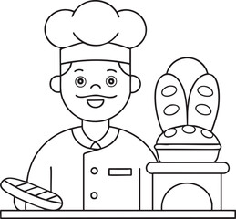 Friendly baker character illustration with bread for kids cooking and culinary coloring pages