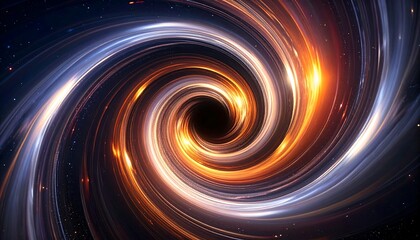 Swirling abstract vortex of light, blending golden and silver hues towards a dark center, evoking a cosmic effect