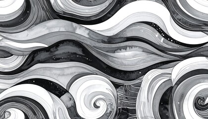 Swirling grayscale waves flow and overlap, creating dynamic visual texture with varying shades of gray and white