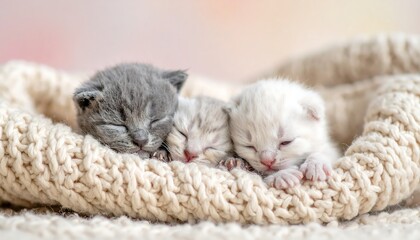 Three tiny kittens snuggled together asleep in a cozy, soft, cream-colored knitted nest
