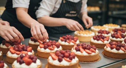Close-up of bakers decorating tarts with berries and cream