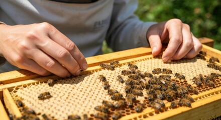 Close-up of hands carefully handling honeycomb frame with bees
