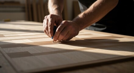 Close-up of woodworker marking a piece of light-colored wood with a marking tool. Hands precisely position the tool