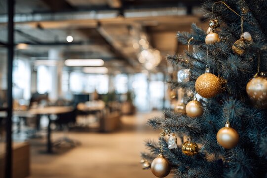 Christmas tree foreground, blurred festive business loft office lobby interior, mall on a background. Coworking during Xmas. Copy space, holiday spirit. Selective focus. Seasonal winter festivity