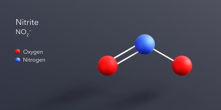 nitrite molecule 3d rendering, flat molecular structure with chemical formula and atoms color coding