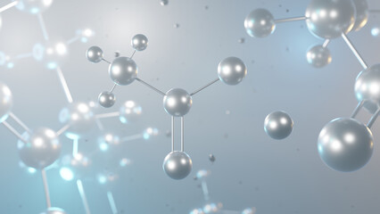 potassium acetate molecular structure, 3d model molecule, potassium ethanoate structural chemical formula view from a microscope