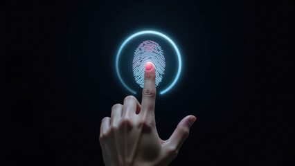 Hand touches glowing fingerprint scanner, symbolizing security and technology. image conveys sense of innovation and digital identity