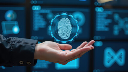Hand holds digital fingerprint display, symbolizing security and technology. background features various data visualizations, enhancing futuristic