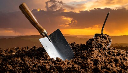 Trowels in a pile of dark soil, silhouetted hills under a sunset sky. Earthy tones with golden light