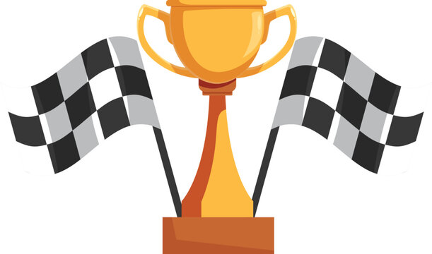 Shiny golden trophy displayed between two checkered racing flags, symbolizing motorsport triumph