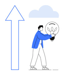 Person holding a light bulb next to an upward arrow and cloud, representing innovation, progress, and aspirations. Ideal for growth, creativity, leadership, education, teamwork motivation ideas