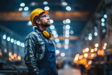 Engineer observing the operations on a factory. Metal fabrication plant. Back view worker assess an industrial work. Heavy industry. Man in blue safety uniform control grinds ore at mining manufacture