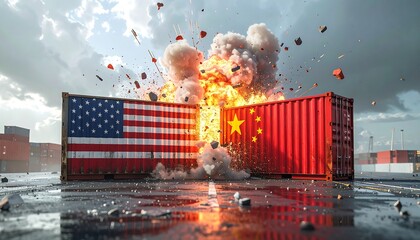 Two shipping containers, USA and China, clashing amidst an explosion under a cloudy sky on a wet surface