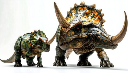 Two toy dinosaurs, a larger, older looking one and a smaller one, stand side by side on a seamless white background