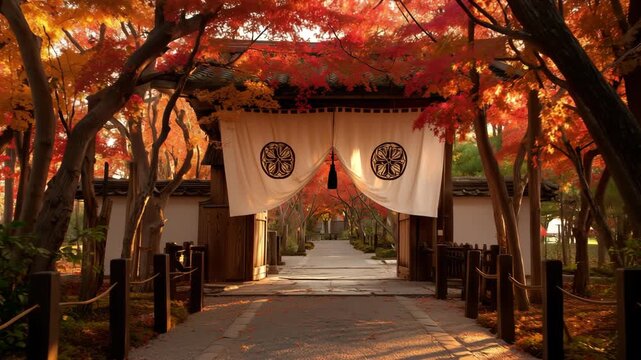 鮮やかな紅葉に包まれた参道と山門の秋景観