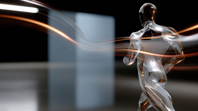 The image showcases a transparent runner moving toward an abstract space defined by smooth light trails, conveying themes of exploration and the limitless potential of the human spirit.