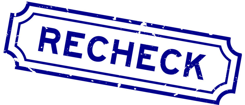 Grunge blue recheck word rubber seal stamp on white background