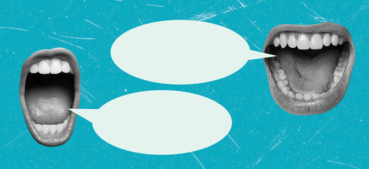 Art collage, Engaging conversation between two expressive mouths with speech bubbles ready to fill...