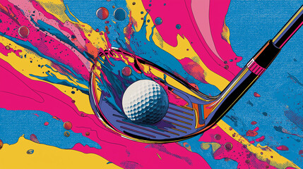 A vibrant pop art golf club head striking a stylized golf ball, creating a dynamic splash