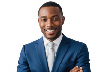 Confident businessman in blue suit smiling with arms crossed transparent background