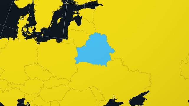 Belarus map. Animated zoom into the country on the Globe in Charcoal Bright Yellow color palette. Country logo animation. Map with meridians, parallels. Trending video.