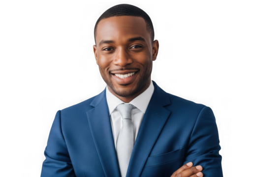 Confident businessman in blue suit smiling with arms crossed transparent background