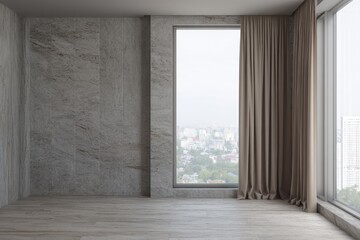 Empty modern room with stone walls and large window overlooking city.