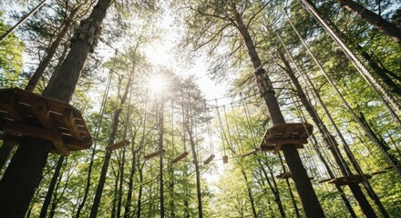 Forest adventure park, ropes course. Sunlight streams through trees