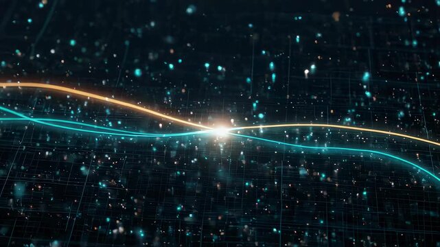 Abstract data visualization showing two glowing curves crossing paths on a digital grid.