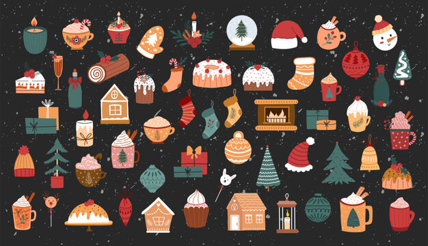 Hand drawn cozy Christmas clipart bundle with mugs, gifts, trees, candles, cookies, and festive home decor. Perfect for winter cards, stickers, prints, and holiday projects.