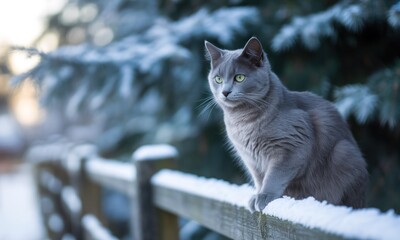 Grey cat sits on snow-covered fence, winter scene