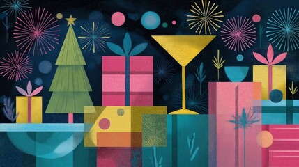 A vibrant illustration featuring a Christmas tree, colorful gifts, and festive elements against a dark background, evoking holiday cheer and celebration.