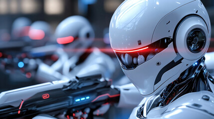 Concept of futuristic battle between transformer robots using advanced future weapons, dynamic science fiction scene, copy space