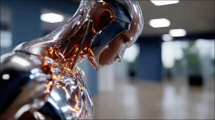 A close-up view of a sleek, transparent human figure model showcases the complexity of human anatomy, representing the intersection of art, technology, and modern science's aspirations.