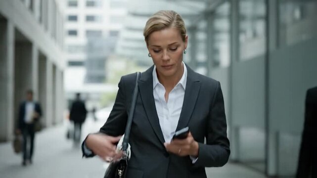 A professional woman in a grey suit walks and talks on her phone in a modern urban setting