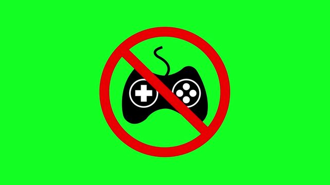 No game allowed gaming restriction not allowed playing emblem sign. No game motion graphic of video game play restriction stop gaming with a restriction sign on a green background.