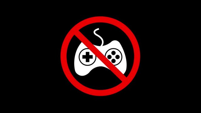No game allowed gaming restriction not allowed playing emblem sign. No game motion graphic of video game play restriction stop gaming with a restriction sign on a black background.