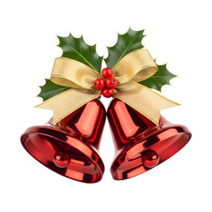 Two shiny red Christmas bells with a gold ribbon bow, holly leaves, and red berries, isolated on a white background.