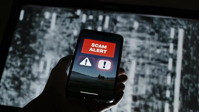 A smartphone screen displays a bright red scam alert warning sign.