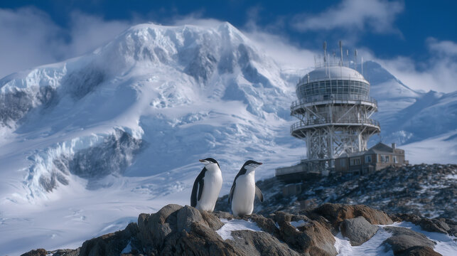 Penguins standing on rocky surface near meteorological station of Vernadsky Base in Antarctica, surrounded by snow and towering icy peaks, pristine wild nature of the frozen contin
