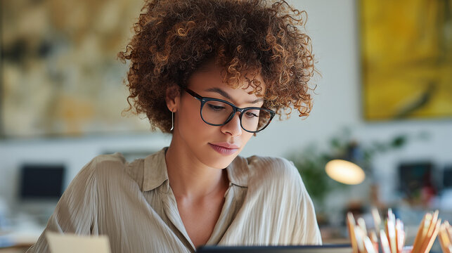 Woman using digital tablet in modern office at night.