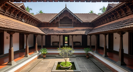 Symmetrical Nalukettu Home with Central Courtyard in Kerala