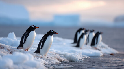 Fototapeta premium Gentoo penguins gathered on the shore of the Southern Ocean, surrounded by snow patches and distant icebergs under soft evening light. Antarctica, penguin colony, wild animals, coa