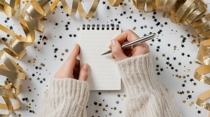 A cozy scene featuring hands holding a pen over a notepad, surrounded by golden ribbons and stars, perfect for festive planning or creative writing.