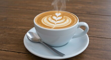Light blue cup of latte art coffee on a wooden table. Steam rises from the frothy top