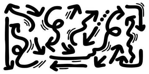 black hand-drawn scribble arrow set: dynamic doodle lines, swirls, and direction pointers