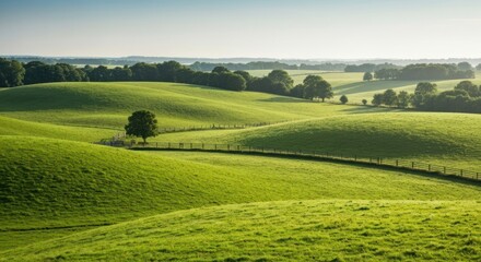 Lush green rolling hills, early morning light