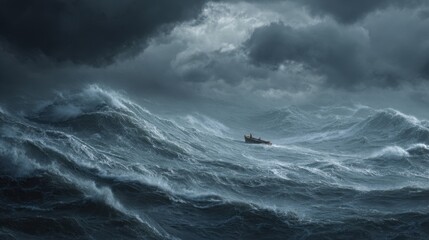 Small boat battles fierce waves in stormy ocean waters
