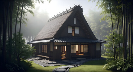 Serene Japanese Minka Farmhouse in Bamboo Forest